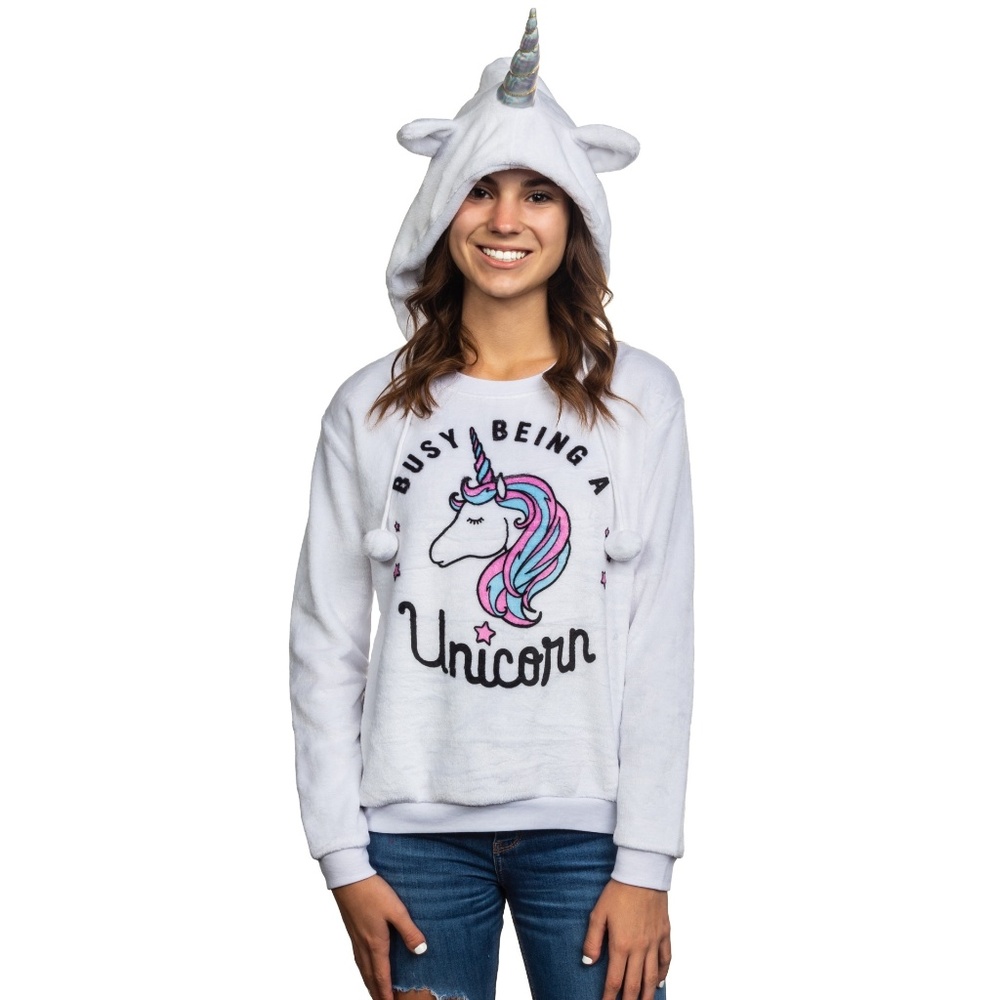 Juniors "Busy Being A Unicorn" Plush Sweatshirt & Hat Set Size XS Sm Med XL NWT